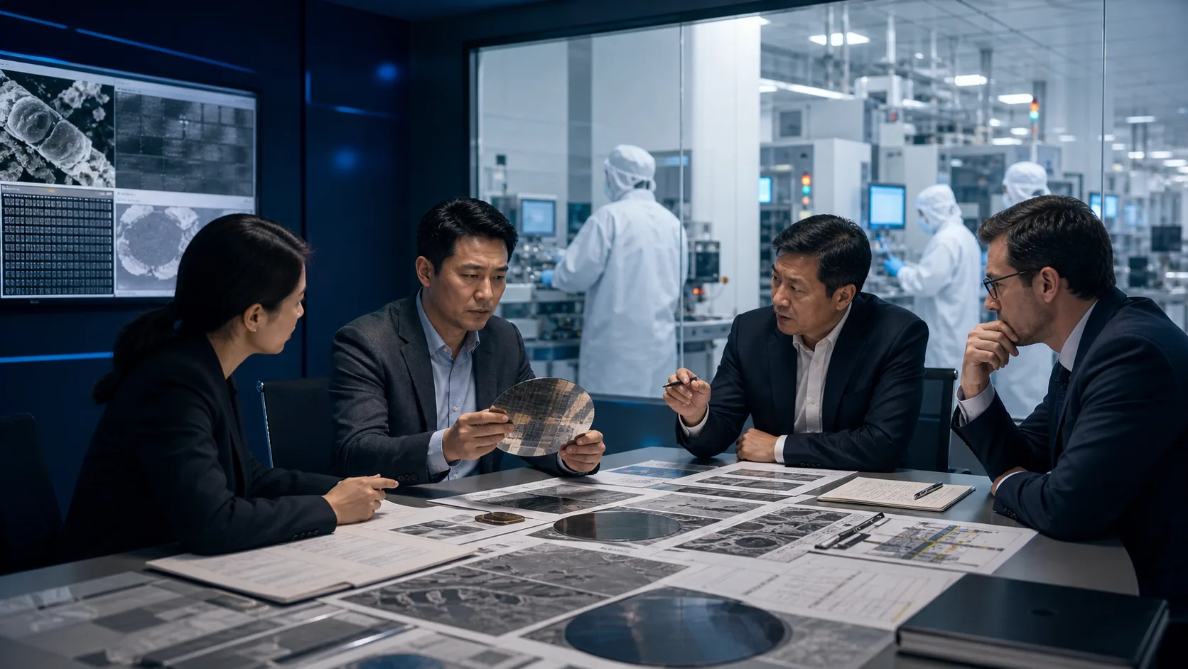 Client leaders, engineers, and a consultant compare wafers, validation evidence, and differing professional interpretations beside a semiconductor test environment