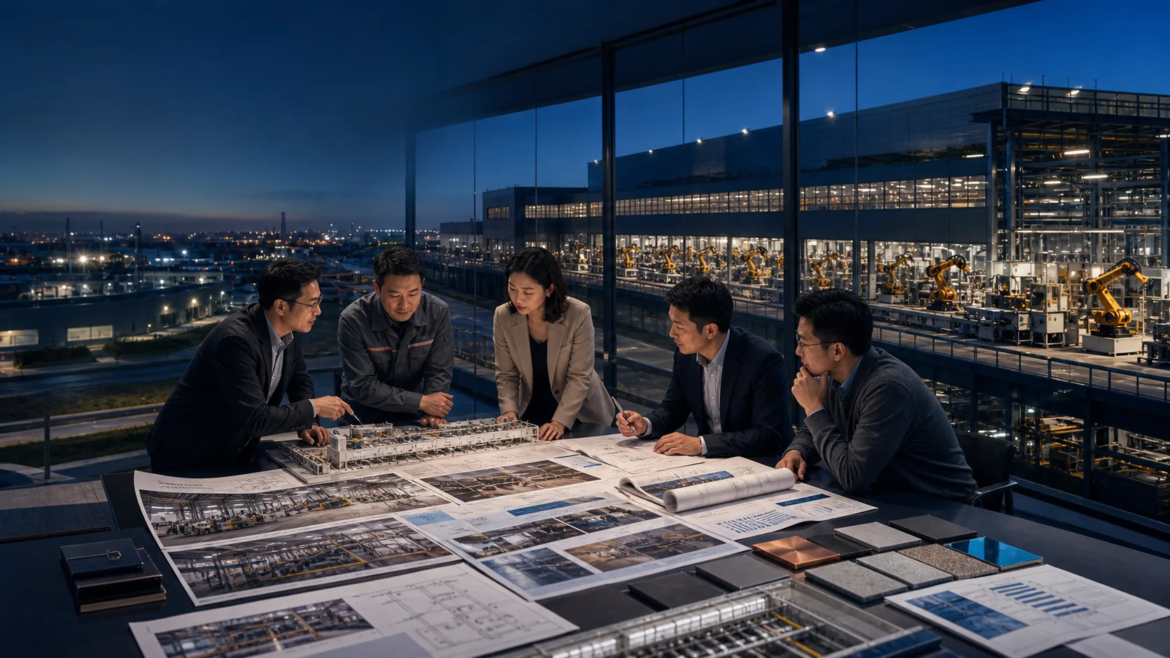 A team studies a complete overseas factory-line upgrade through a physical model, engineering plans, field photographs, and stakeholder context