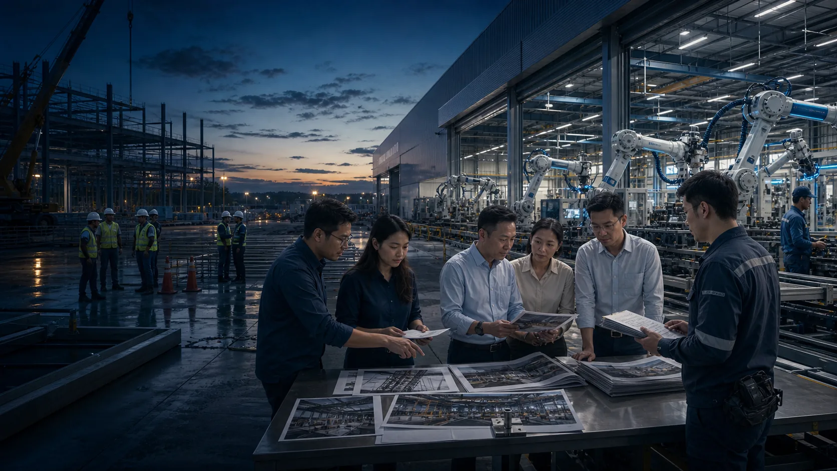 清晨的海外机器人产线扩建现场，团队把建设变化、自动化设备与现场资料放在一起研判